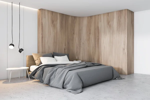 Beyaz ve ahşap yatak odası köşesi — Stok fotoğraf