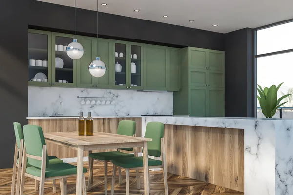 Rincón de cocina verde y mármol, bar y mesa — Foto de Stock