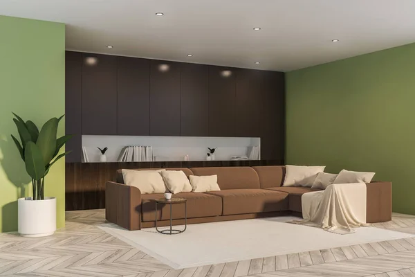Canto da sala de estar verde, sofá marrom — Fotografia de Stock