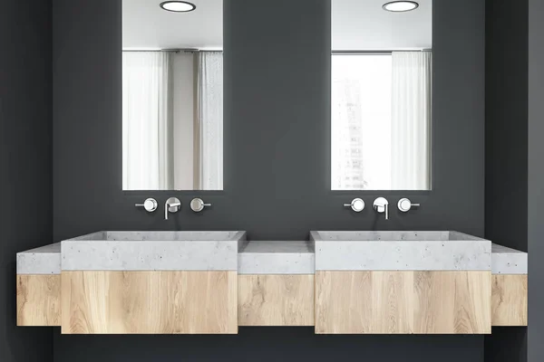 Kamenný dvojitý dřez v šedé koupelně — Stock fotografie