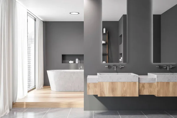 Gray bathroom interior, stone tub and sink — Stock Photo, Image