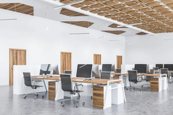 Wood ceiling open space office corner with doors
