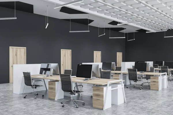 White ceiling open space office corner with doors