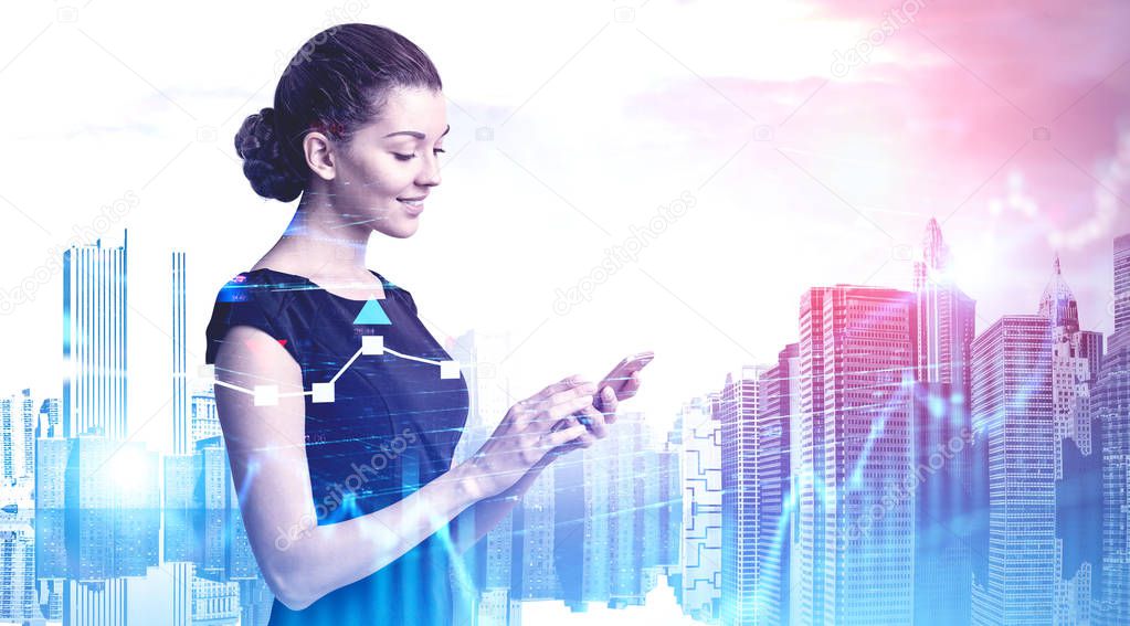 Smiling businesswoman with phone, graphs