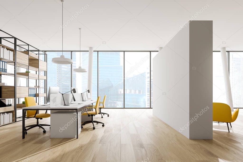 Panoramic open space office with lounge