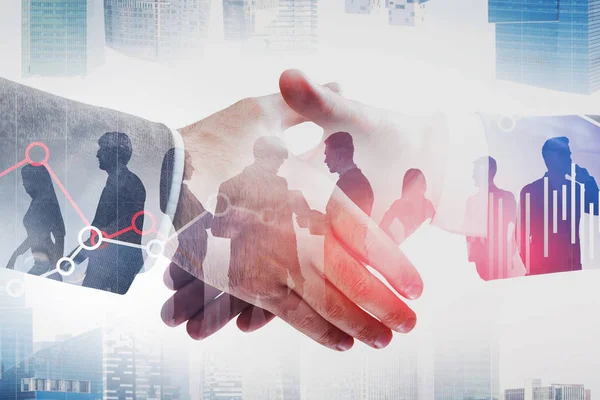 Handshake in city, business people and graph — Stock Photo, Image