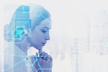 Şehirde pensive iş kadını, internet simgeleri