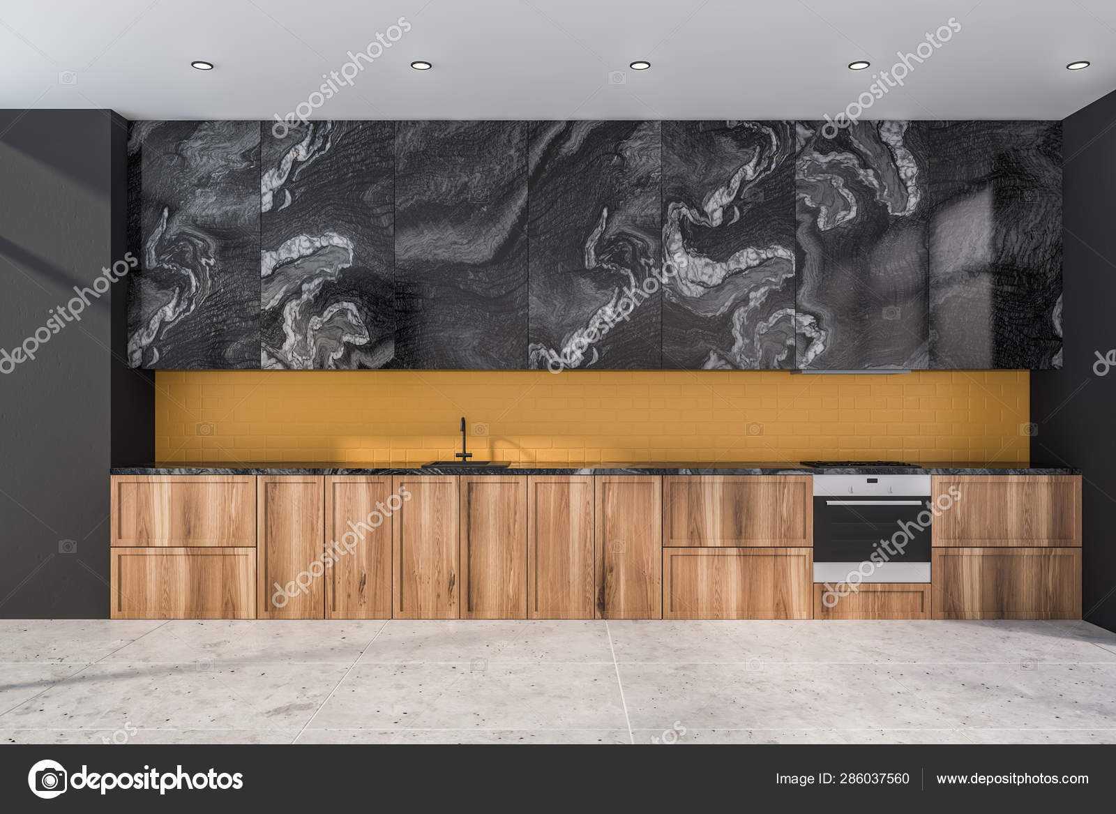 Black Marble And Yellow Kitchen With Countertops Stock Photo