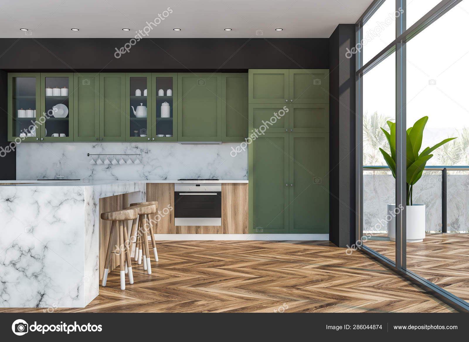 White Marble And Green Kitchen Bar And Balcony Stock