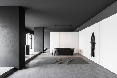 Beyaz ve siyah banyo iç, küvet ve lavabo