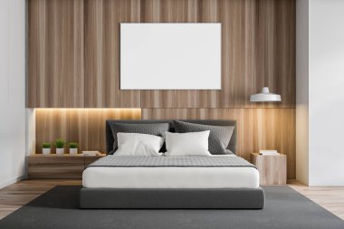 Posterli beyaz ve ahşap yatak odası iç