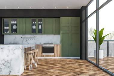 Beyaz mermer ve yeşil mutfak, bar ve balkon