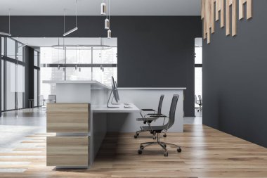 Resepsiyonlu modern gri ve ahşap ofis