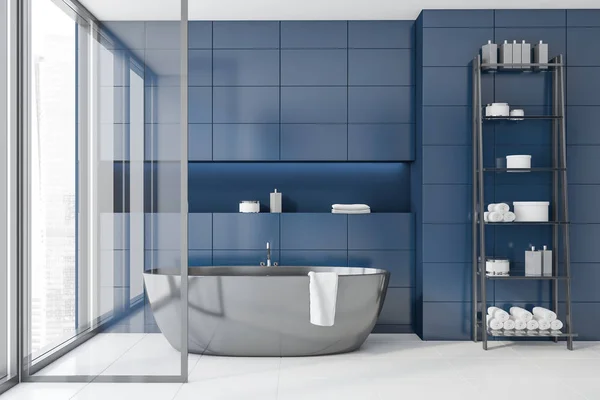 Blue tile bathroom interior with tub — Stock Photo, Image