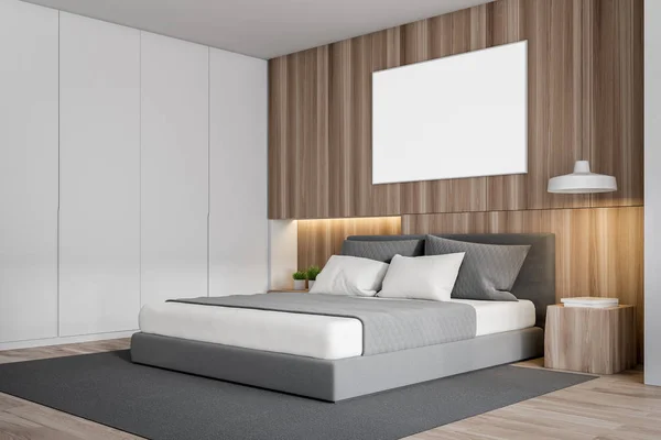 Esquina de dormitorio blanco y madera con póster — Foto de Stock