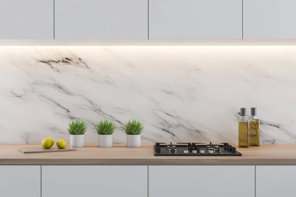 Küche aus weißem Marmor mit grauen Arbeitsplatten — Stockfoto