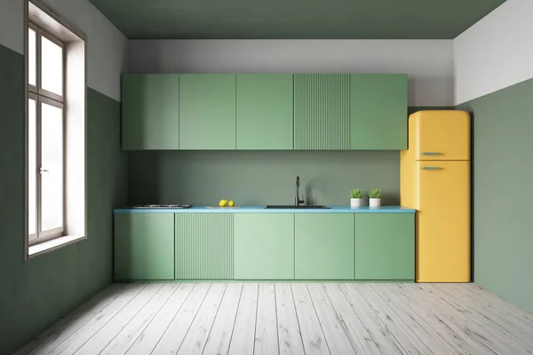 Interior de la cocina verde con encimeras y nevera —  Fotos de Stock