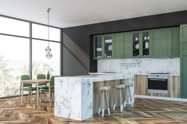 Green and marble kitchen, bar and table