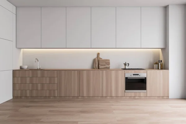 White kitchen interior with wooden countertops — Stock Photo, Image