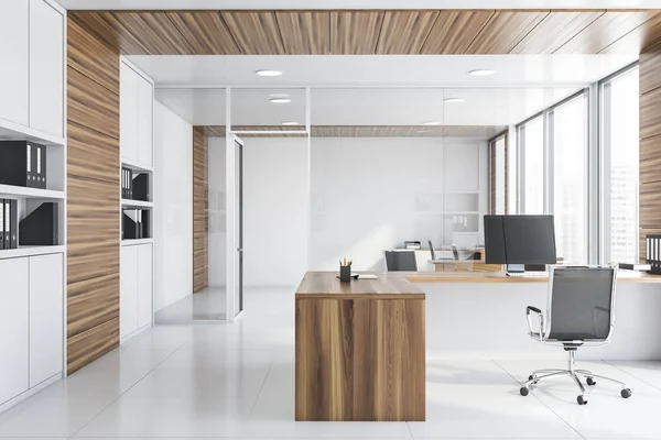 White and wood manager office with bookcase — Stock Photo, Image