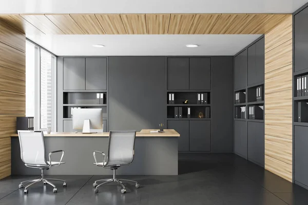 Gray and wood manager office interior — Stock Photo, Image