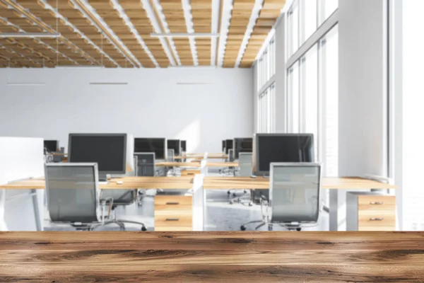 Blurred wooden ceiling open space office interior