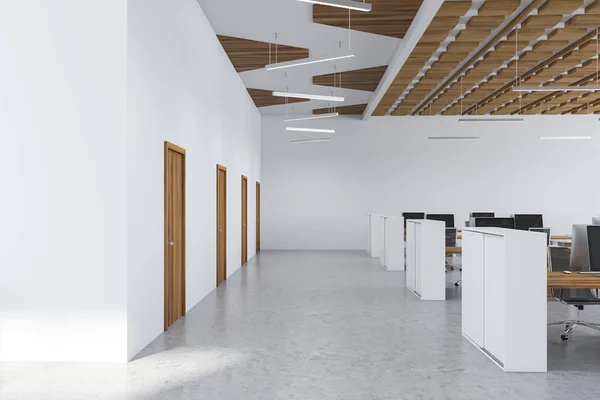Wood ceiling open space office with doors