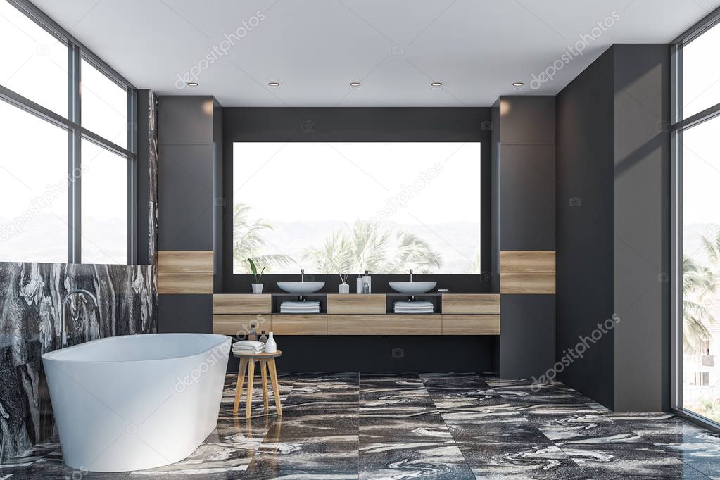 Gray marble bathroom interior, tub and sink