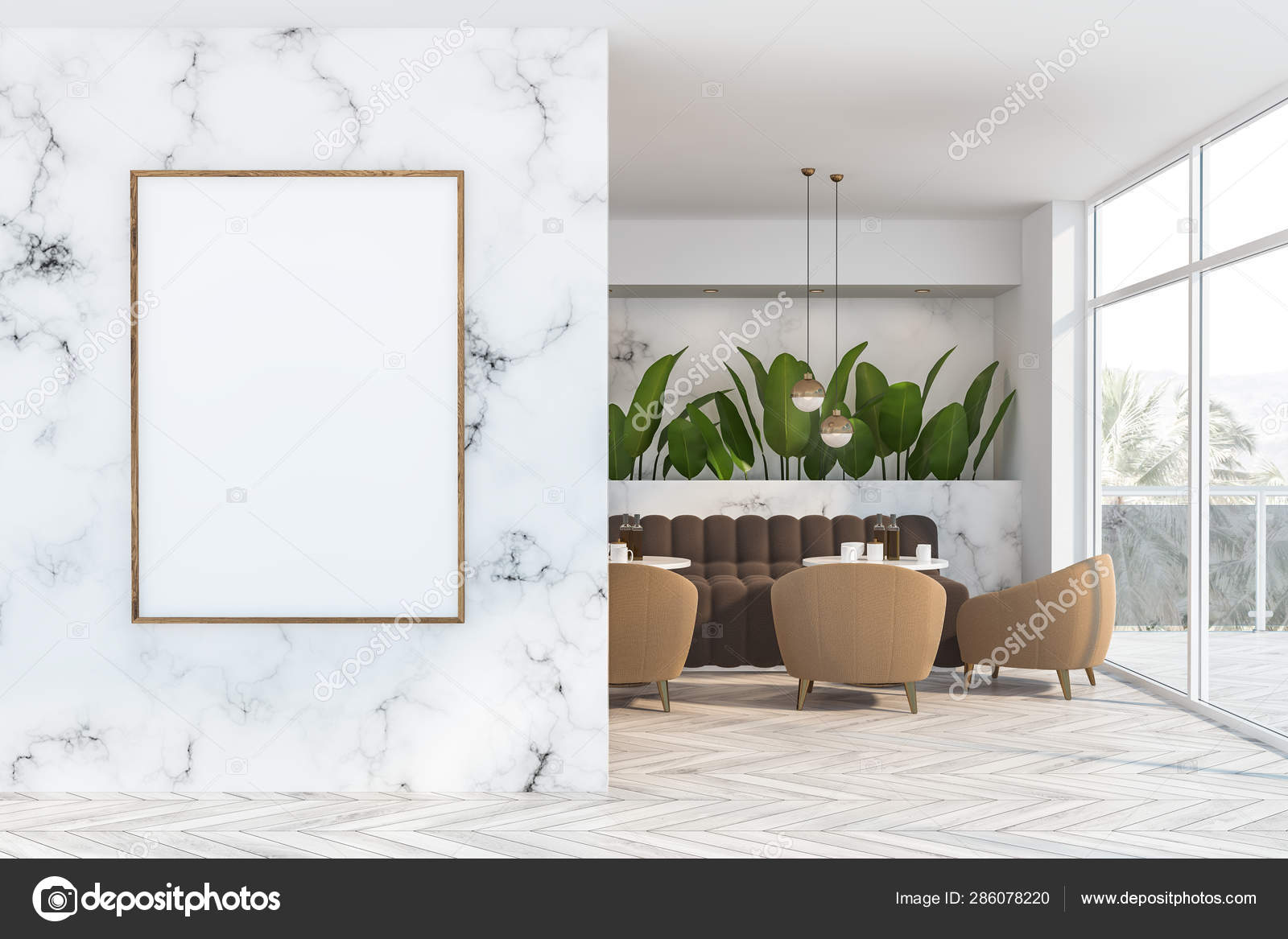 White Marble Cafe Interior With Poster Stock Photo