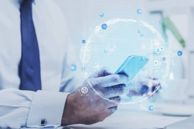 Adam ofiste telefon kullanarak, HUD iş arayüzü