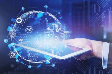 Tablet, küresel internet arayüzü ile adam el