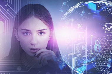 Düşünceli genç kız, küresel internet arayüzü