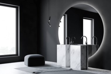 Mermer çift lavabo ile gri banyo köşesi