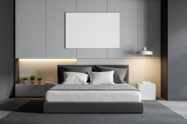 Poster ile beyaz ve gri yatak odası iç