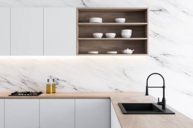 Beyaz Mermer mutfak tezgahının yan görünümü