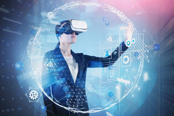 Vrouw in vr-bril, Global Business interface — Stockfoto