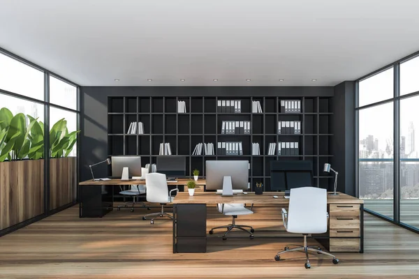 Interior de escritório de espaço aberto de madeira — Fotografia de Stock