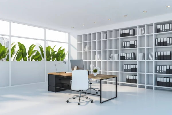 White CEO office corner with bookcase — Stock Photo, Image