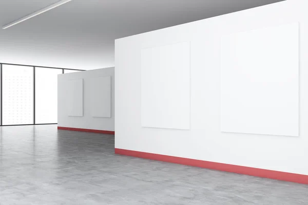 Panoramic white and red poster gallery corner — Stock Photo, Image