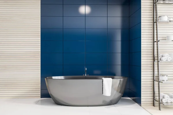 Blue tile and wood bathroom interior with tub — Stock Photo, Image