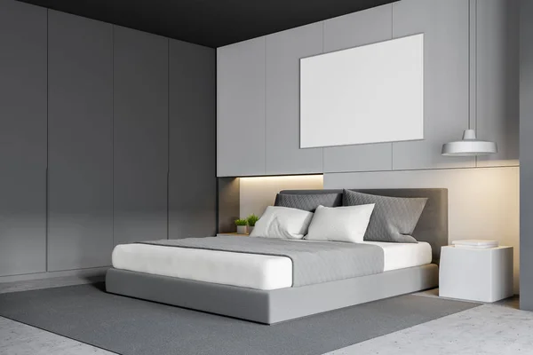 Corner of white and gray bedroom with poster — Stock Photo, Image