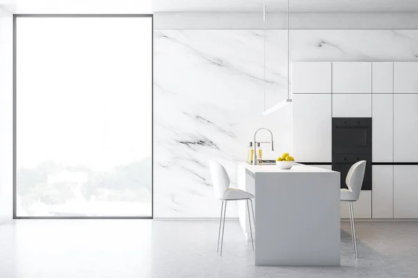 Side view of loft white marble kitchen — Stock Photo, Image