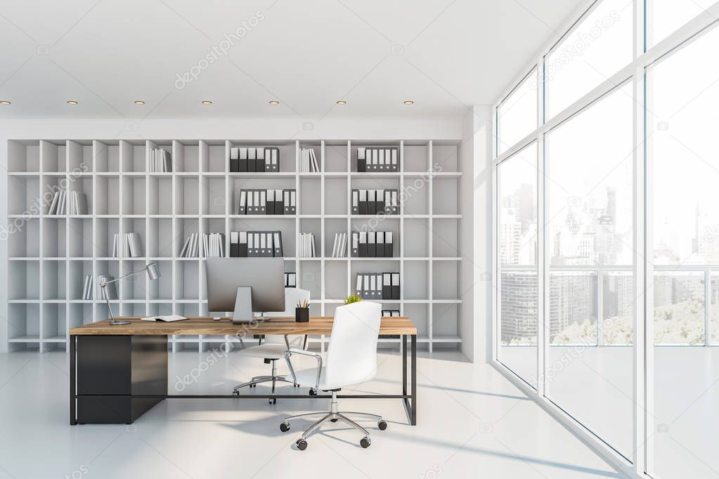 Panoramic white CEO office interior with balcony