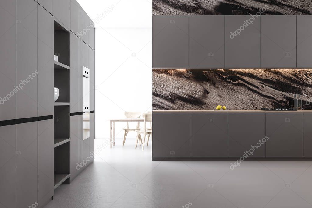 Black marble kitchen interior with table