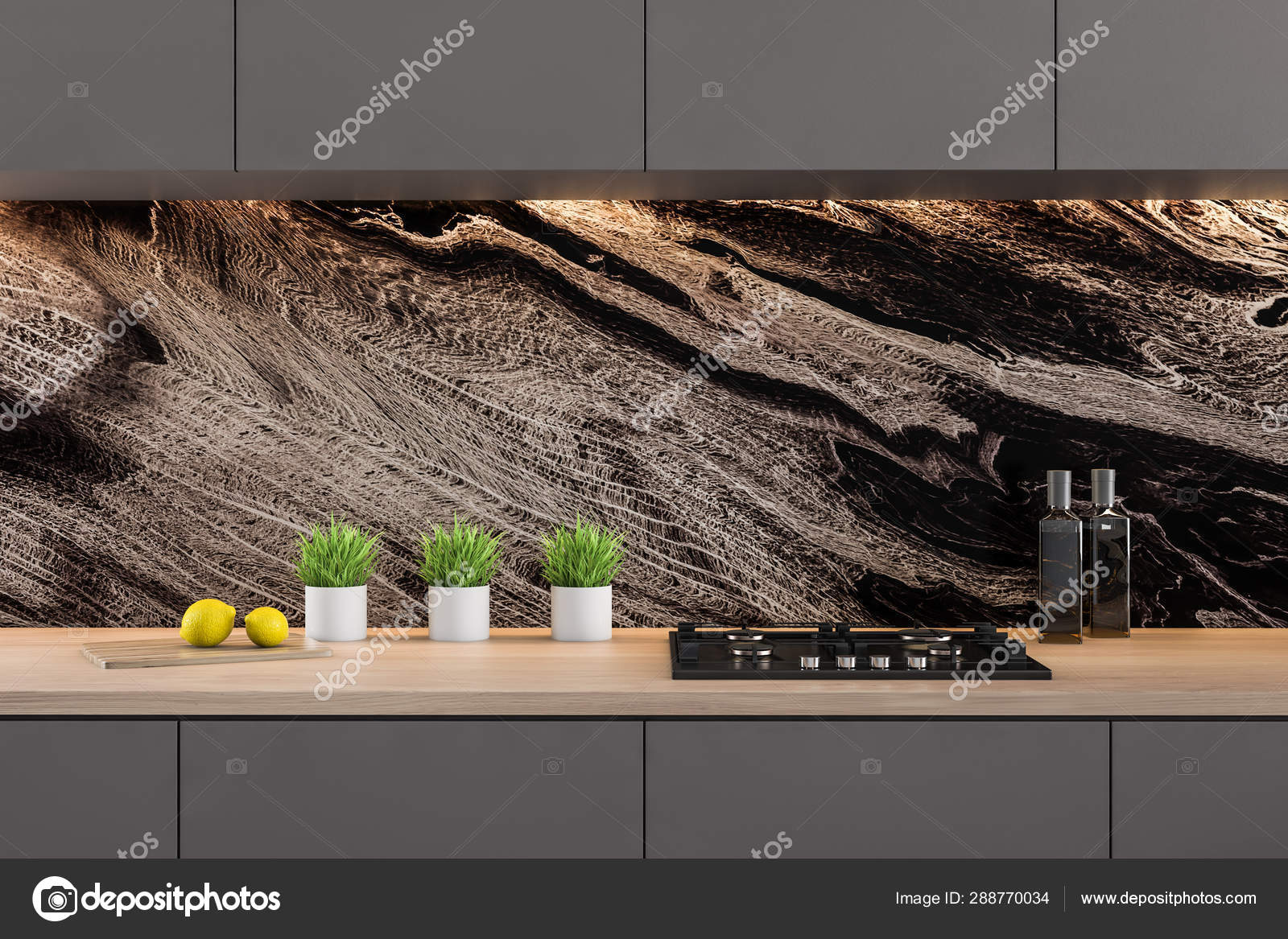 Black Marble Kitchen With Gray Countertops Stock Photo Image By C Denisismagilov