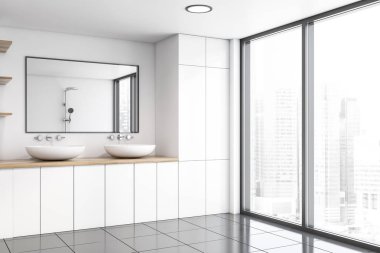 Çift lavabo ile panoramik beyaz banyo köşesi