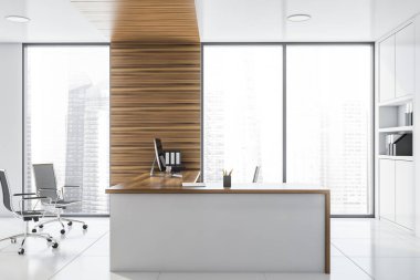 Beyaz ve ahşap yönetici ofisi yan görünümü