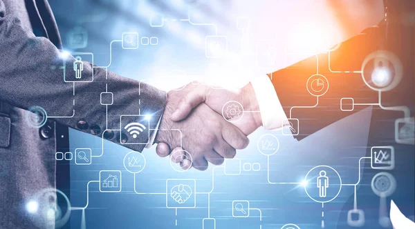 Business people handshake, digital icons