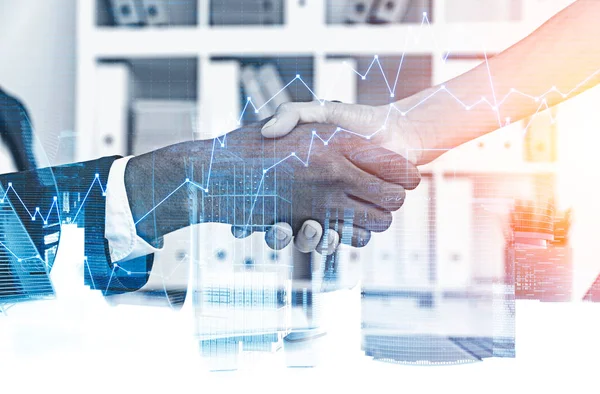 People shaking hands in office, city and graph — Stock Photo, Image