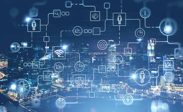 Interfaz de negocios digital e iconos en la ciudad nocturna —  Fotos de Stock